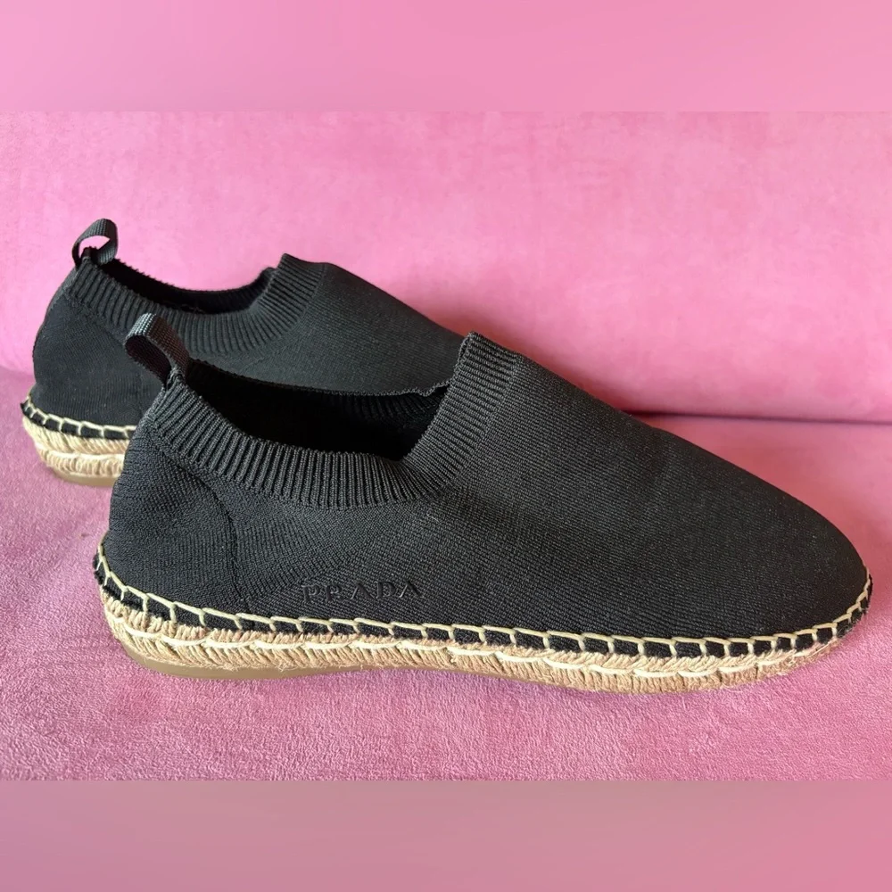 Prada Calzature Donna Black Knit Cotton Espadrille Shoes Slip On Jute Trim 37.5
